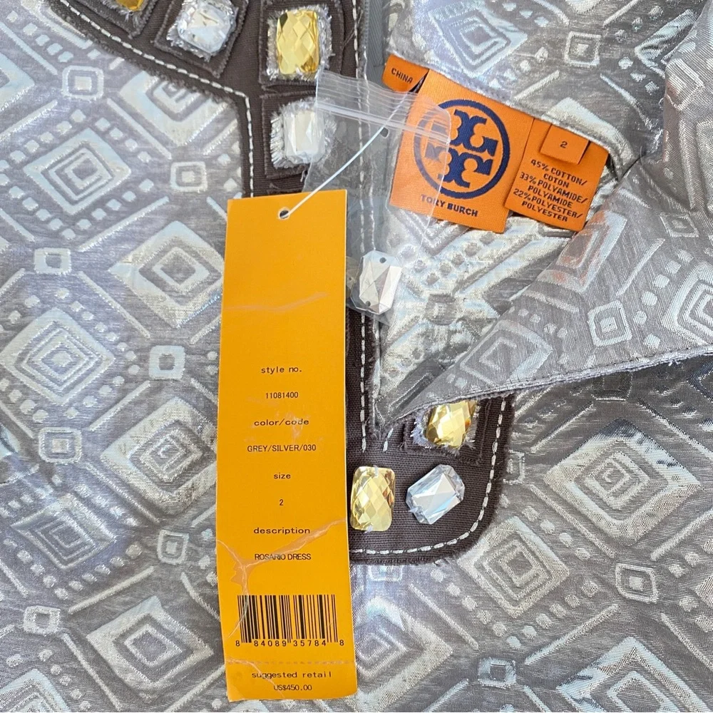 Tory Burch Jeweled V-neck Sheath Rosario Dress Sleeveless Silver Metallic